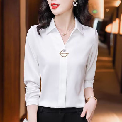 Elegant Women Chiffon Blouse 2025 New Temperament Turndown Collar Office Lady Shirt Streetwear Casual Solid Color Tops Clothing