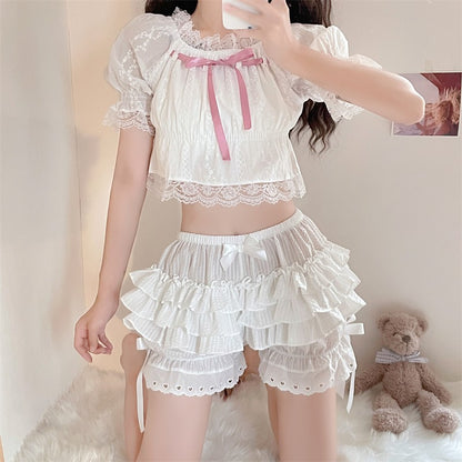 Kawaii Gothic Summer Lace Shorts Women Vintage Elastic Waist Lolita Y2k Hot Pants Girls Bow Ruffles Casual White Black Shorts