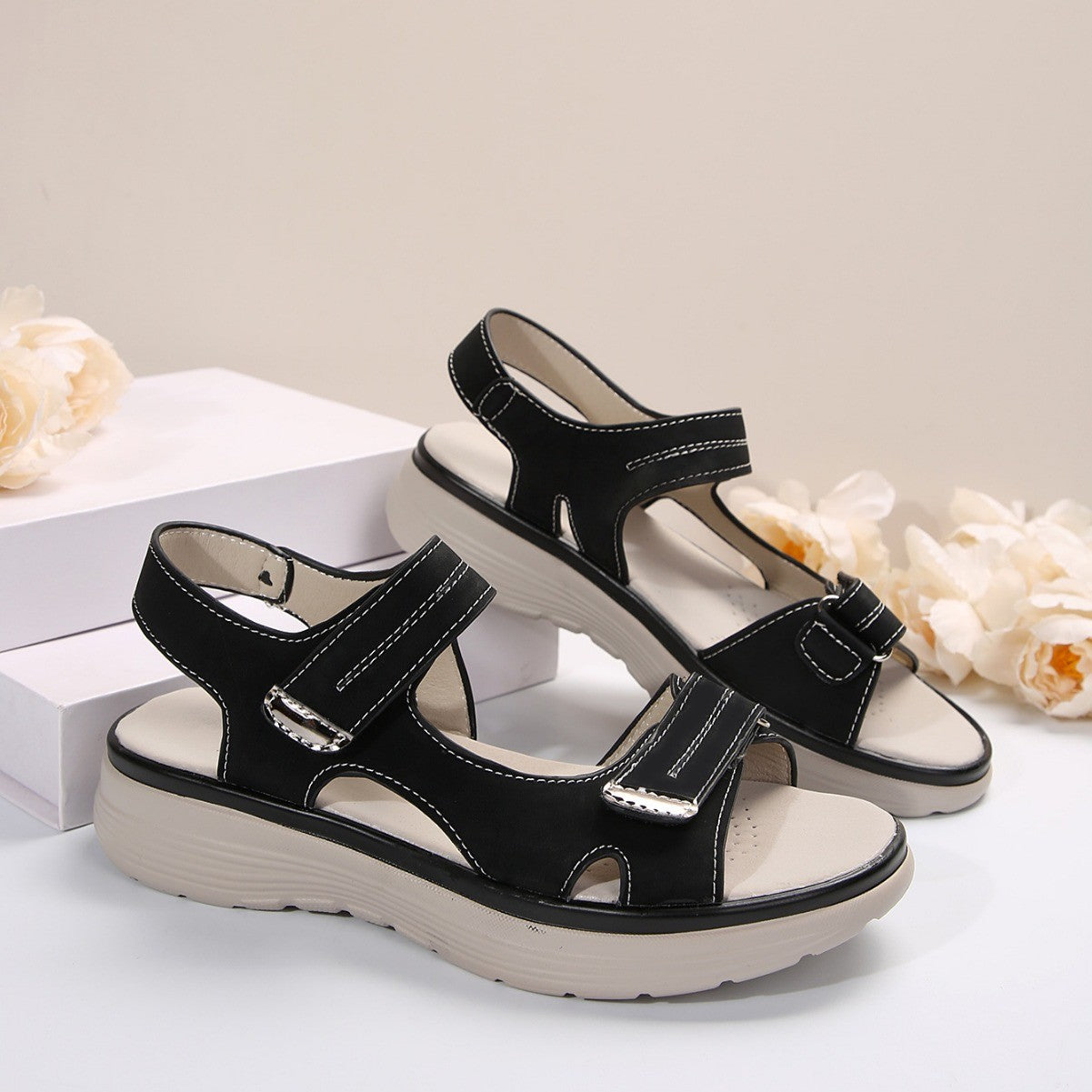 Women's Solid Color Casual Sandals, Platform Ankle Buckle Soft Sole Walking Wedge Shoes, Slingback Summer Shoes