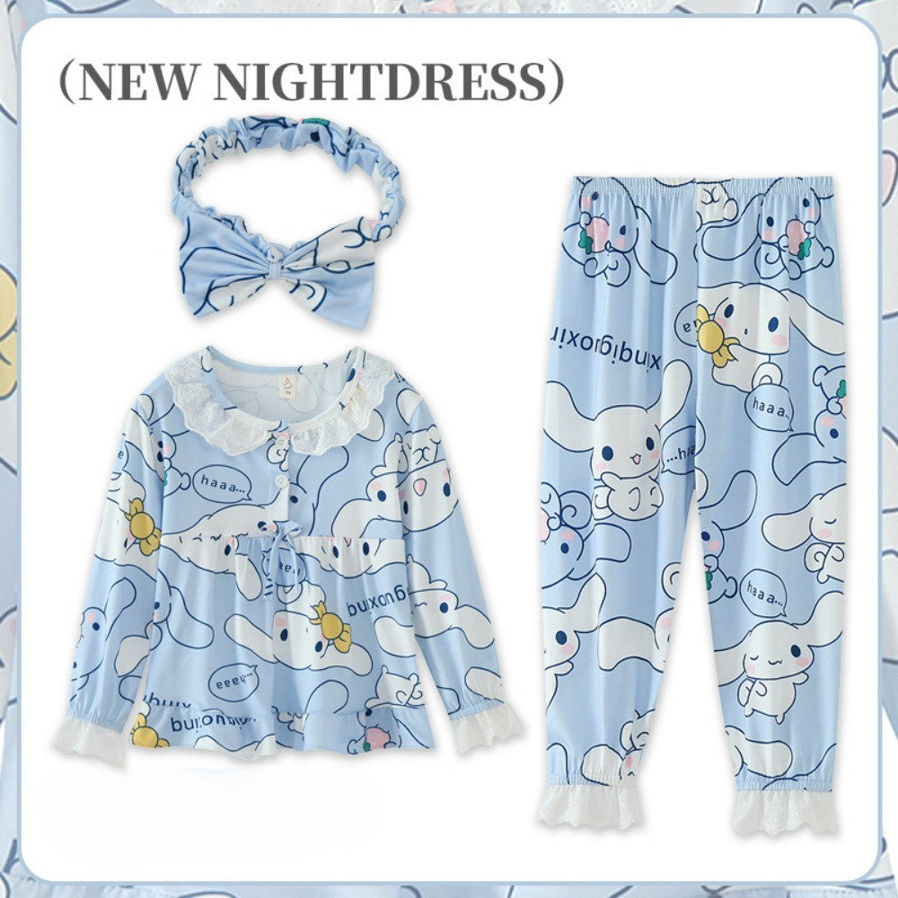 Sanrio Girls Pajama Sets Causal Lace Trimmings Soft Comfortable Kids Night Clothes Set Beautiful Gal Breathable Indoor Costume