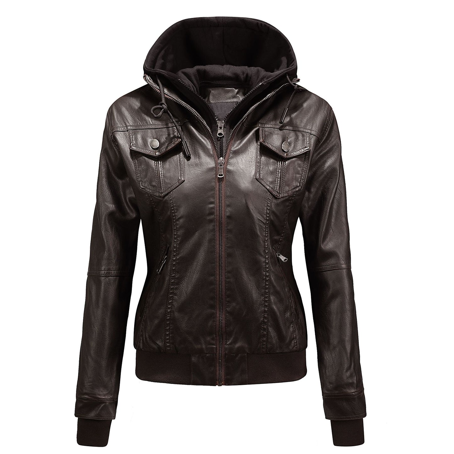 Autumn and Winter Women's Motorcycle Leather Jacket Short Hooded Detachable Hood Jacket Slim Fit Plus Suede Leather Jacket Women