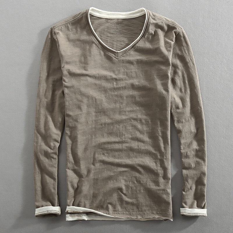 Mens Long Sleeve T-shirt Cotton V-neck Solid Casual Tops Tees for Men Japanese Vintage Frayed Collar and Raw Edges Tshirt
