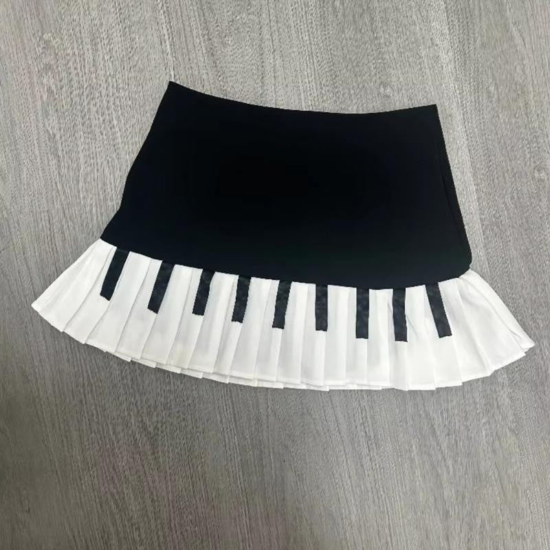 Y3NE Women Schoolgirl High Waist Pleated Flared Vintage Piano Print A Line Mini Skirt