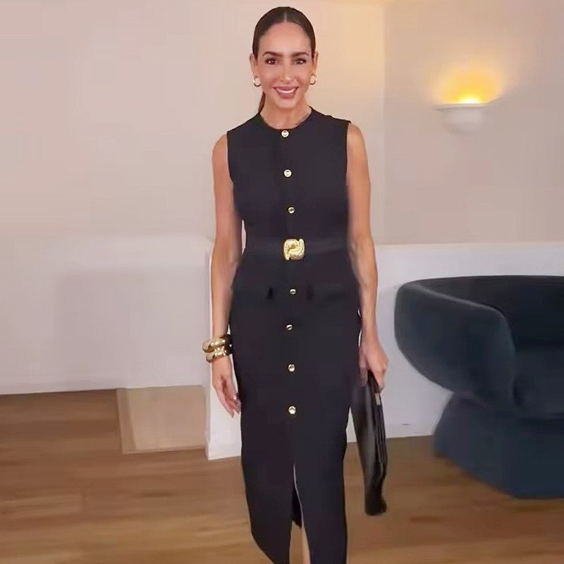 HXAO Womens Black Dresses Belt Long Dresses Summer 2025 Casual Women's Dresses M