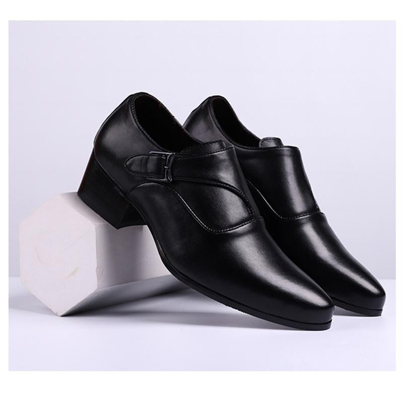 Genuine Leather Men Height Increasing Dress Shoes 6cm Fashion Business Brand Male Footwear Pure Black Monks