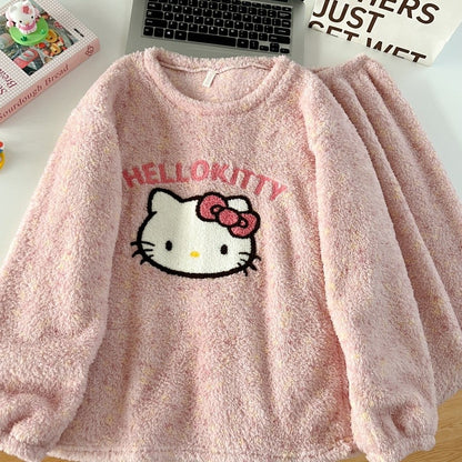 Thickened Warm Women‘s Sleepwear Cartoon HelloKitty Women's Pajamas Set Winter New Cute Fashion Two Sets Nightwear Loungewear