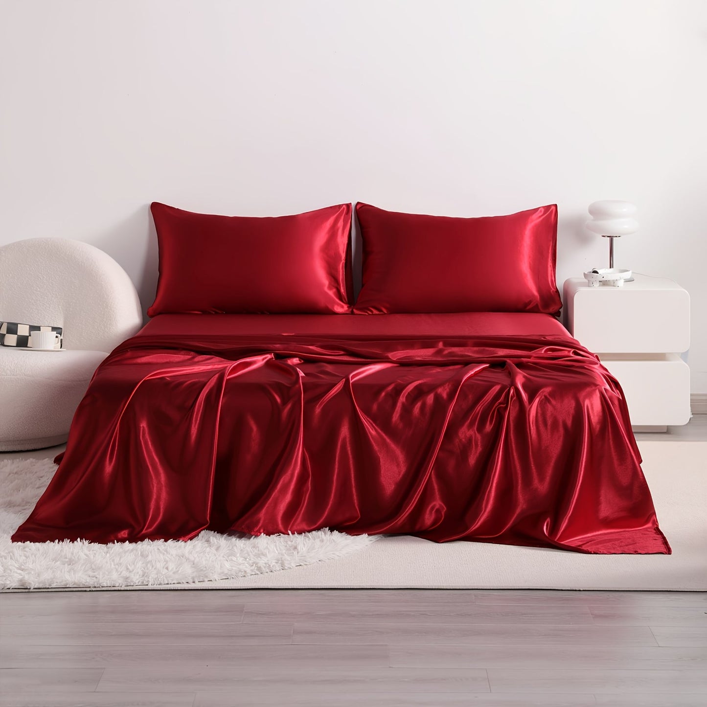 4pcs Cooling Satin Bed Sheet Set, Shrink-Resistant, Fade-Resistant, Hypoallergenic, Breathable, Flat Sheet & Fitted Sheet & Pill