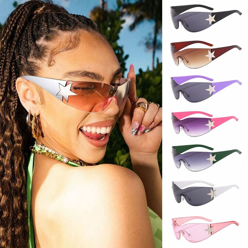 New Y2K Rimless Punk Sunglasses Goggle Women Men Luxury Brand Wrap Around Sun Glasses Five Star Eyewear Sports One Piece Shades