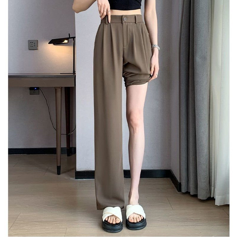 Women Full Length Pants Lady Baggy High Waist Wide Leg Solid Color Trousers Lady Straight Leg Mom Classic Office Pants Slacks