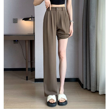 Women Full Length Pants Lady Baggy High Waist Wide Leg Solid Color Trousers Lady Straight Leg Mom Classic Office Pants Slacks