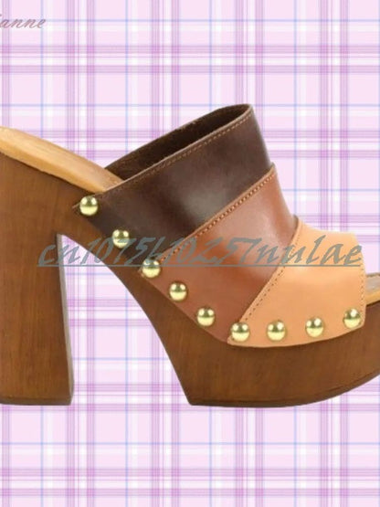 Mutilcolor Side Round Rivets Decor Slippers Peep Toe Chunky High Heel Elegant Retro Party 2025 Women Shoes Zapatos Para Mujere
