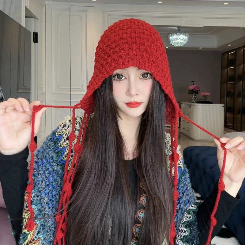 Autumn Winter Women's Hat Hand-knitted Woolen Tassel Cap Beanie Fashion Ear-protecting Cap Outdoor Warmth Headscarf Hat