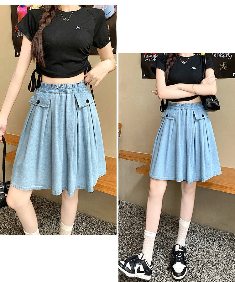 Casual Summer Plus Size Midi Denim Skirts Woman Preppy Loose A-line Ruffles Skirt With Shorts Elastic Waist Jeans Skirts Women