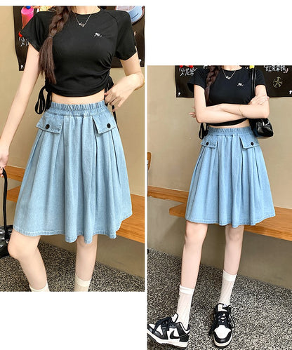 Casual Summer Plus Size Midi Denim Skirts Woman Preppy Loose A-line Ruffles Skirt With Shorts Elastic Waist Jeans Skirts Women