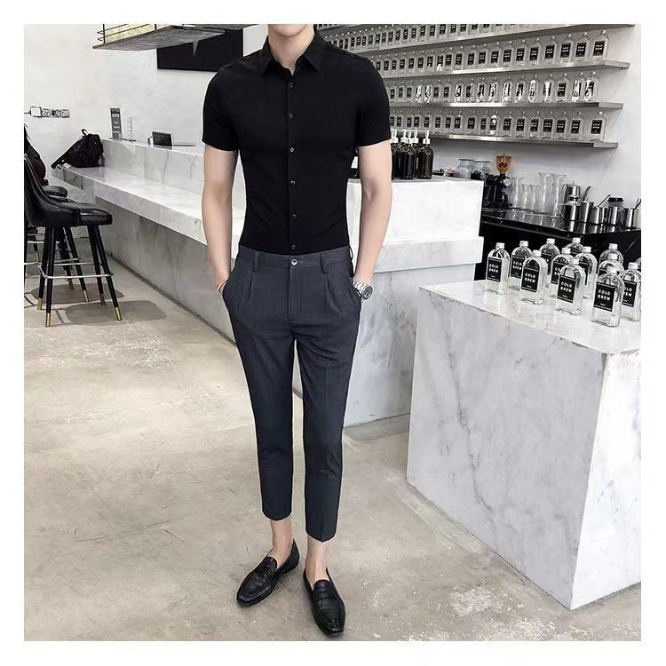 Korean Fashion Trend Casual Elastic Design Sense Short Sleeve Shirt Men's Solid Lapel Collar Button Breathable Simple Slim Tops