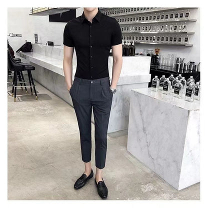 Korean Fashion Trend Casual Elastic Design Sense Short Sleeve Shirt Men's Solid Lapel Collar Button Breathable Simple Slim Tops
