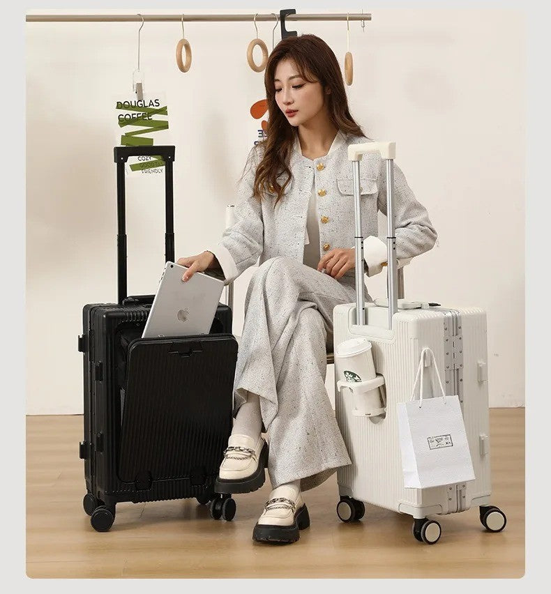 Suitcase Front Opening Pocket Aluminum Alloy Frame Rolling Luggage with USB Charging Plug Trolley Carry-on Case Bag with Wheel