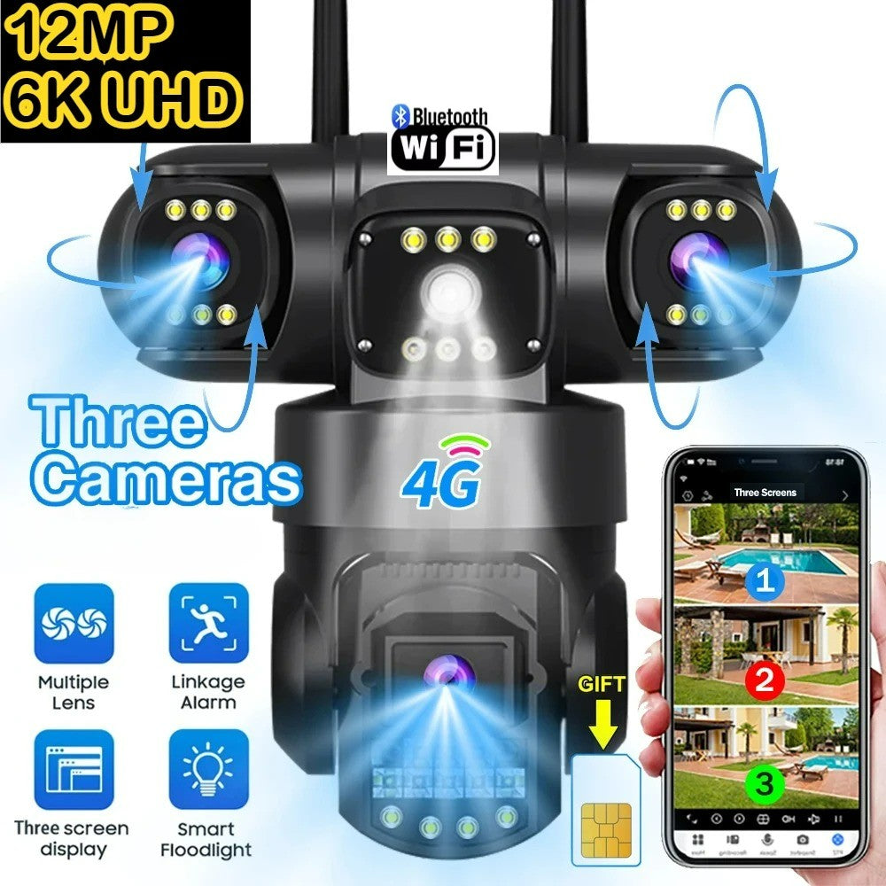 Câmera V380Pro 4G Câmera Sim GSM WIFI 12MP 6K Três Lentes Três Telas Monitor Visão Noturna Segurança PTZ Câmera de Videovigilância