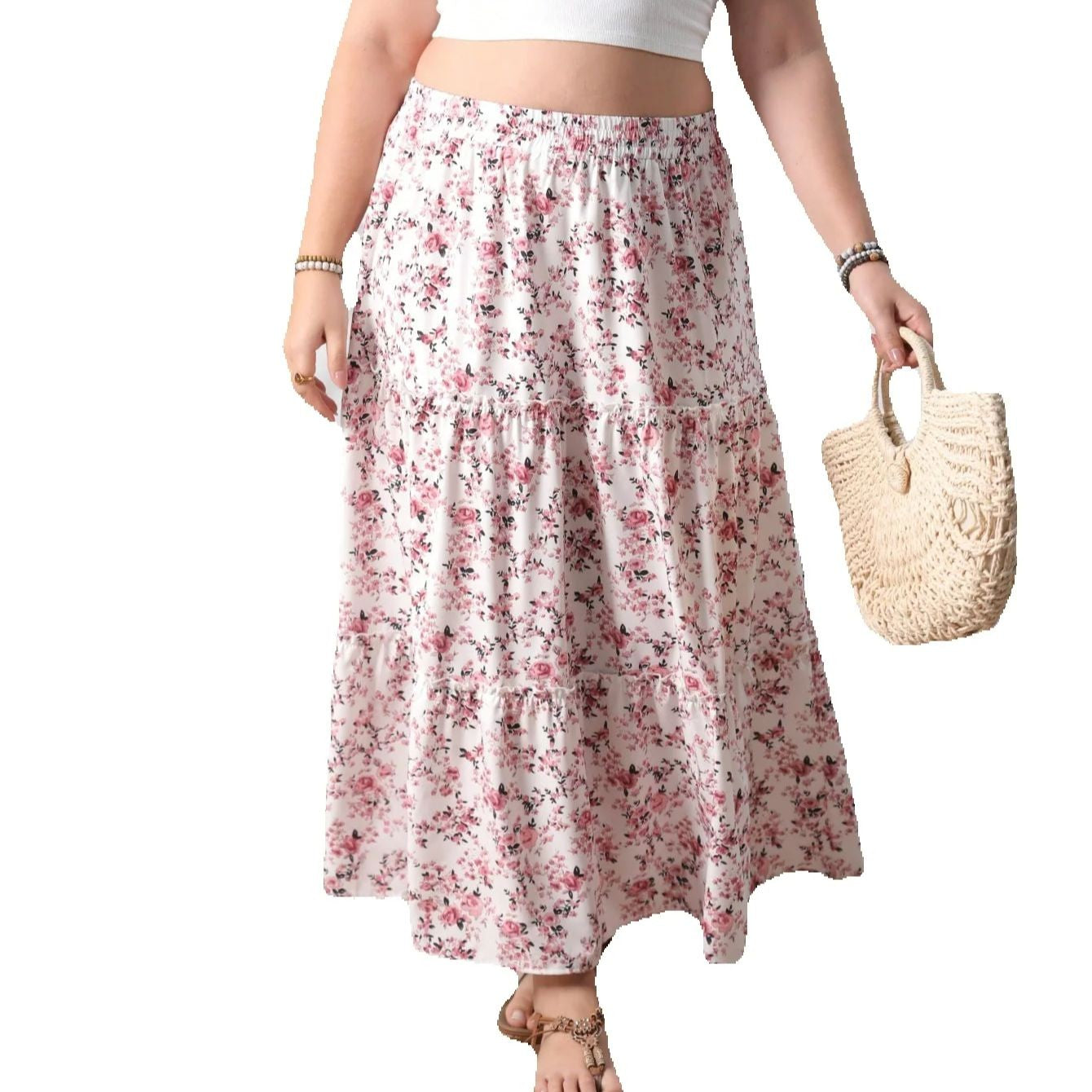 Plus size women's printed holiday style skirt spliced A-line skirt