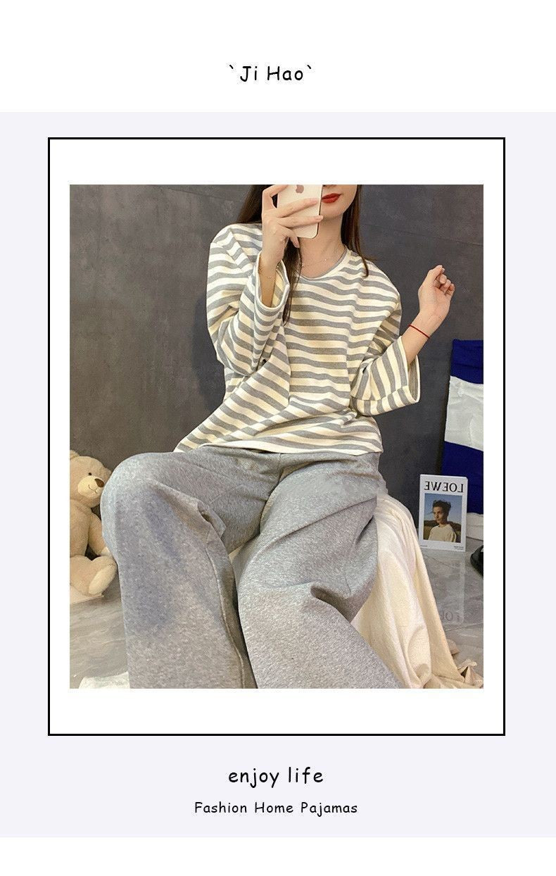 Women's Fall Pajamas with Chest Pads Striped Long Sleeve Plus Size O-Neck Simple Casual Fashion Korean School Pajamas Homewear