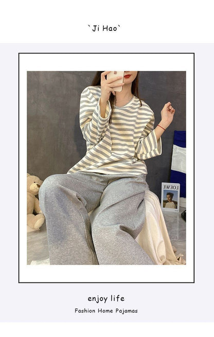 Women's Fall Pajamas with Chest Pads Striped Long Sleeve Plus Size O-Neck Simple Casual Fashion Korean School Pajamas Homewear