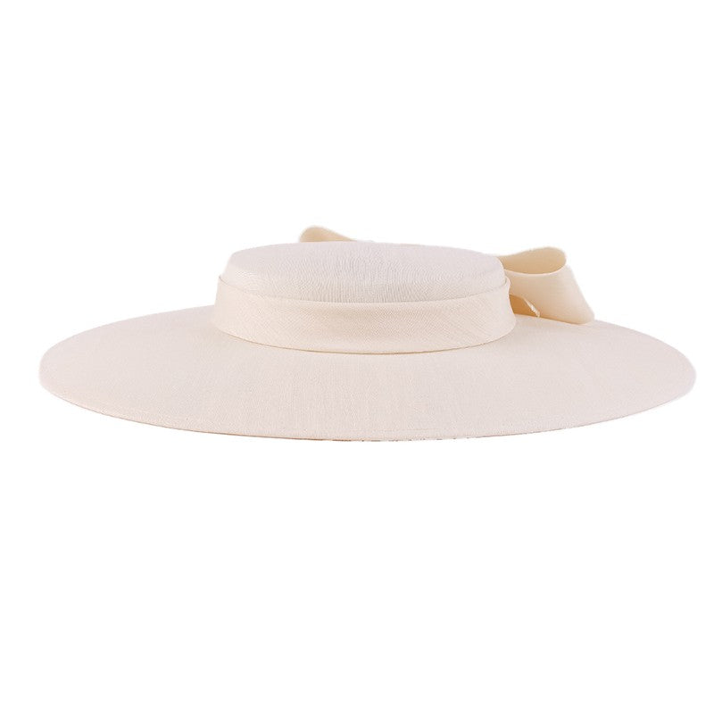 FS Elegante Chapéu de Aba Larga Marfim Feminino Grande Laço Ocasião Formal Kentucky Boné Feminino Casamento Coquetel Festa Fedora de Topo Reto 2024