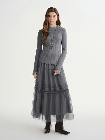 DUSHU Three-color Ruffled Mesh Skirt Women Pleated Mesh Straight Skirt Fairy Retro Gothic Cool Girls Elastic Waist Loose Fit