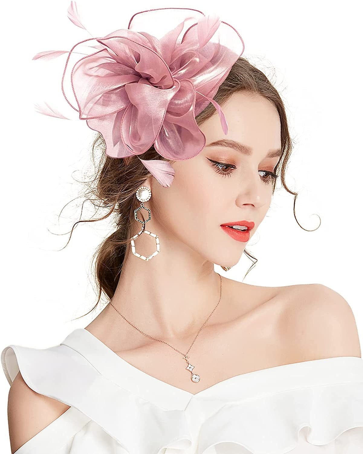 Novo Chapéu Fascinator de Organza Feminino com Flor de Pena Kentucky Derby Cocar Chapéu Pillbox para Casamento Chá da Tarde Acessórios de Cabelo com Clipe
