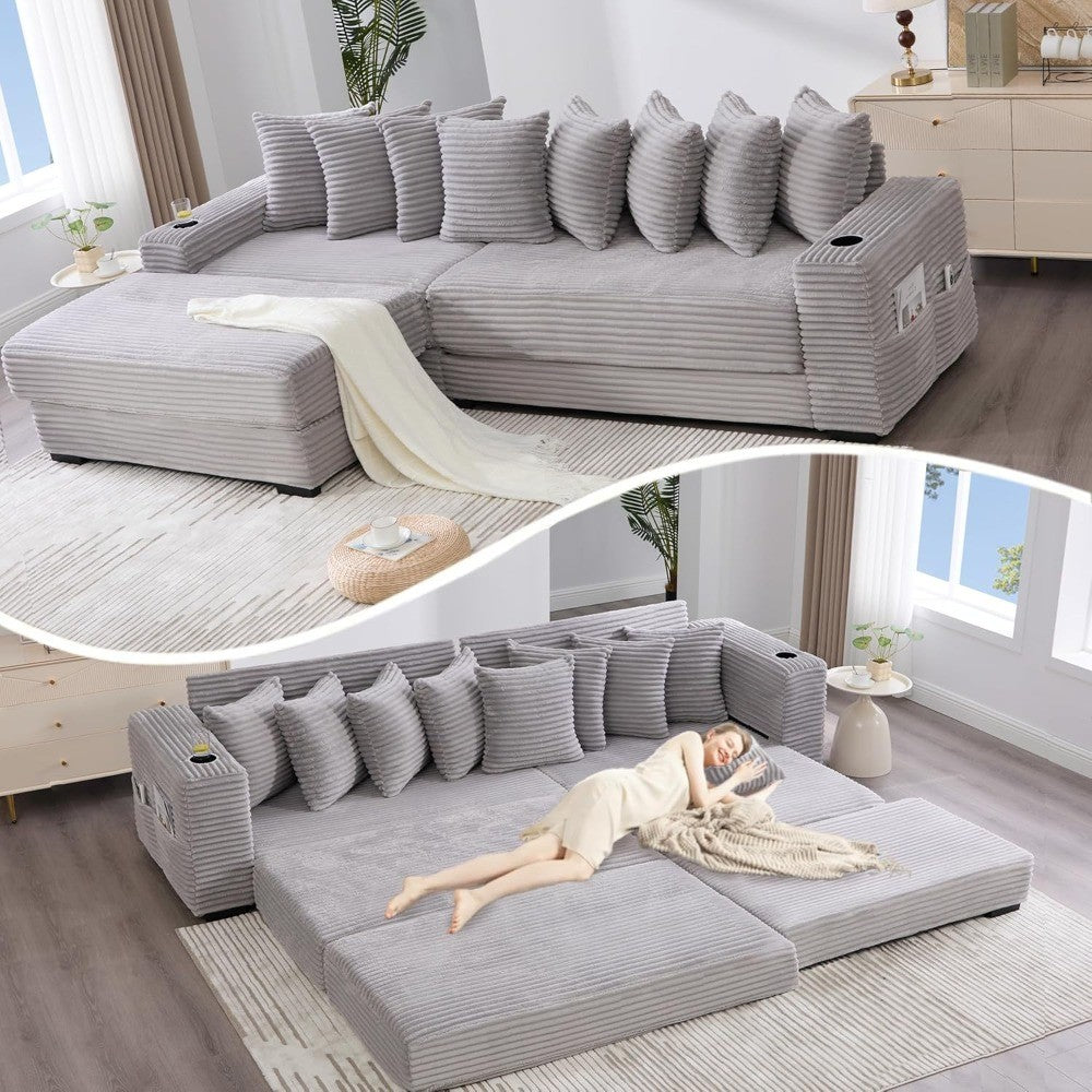 Sleeper Sofa Bed King, Corduroy Modular L Shaped Sofa, Oversized Reversible Chaise Lounge, Modern Sectional Couch with Ottoman