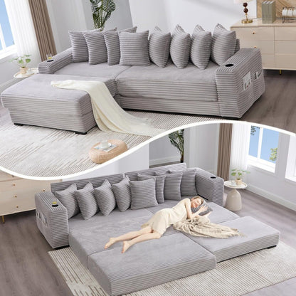 Sleeper Sofa Bed King, Corduroy Modular L Shaped Sofa, Oversized Reversible Chaise Lounge, Modern Sectional Couch with Ottoman