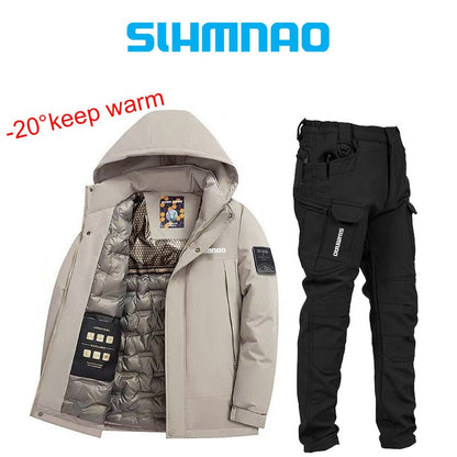 Conjunto de Terno de Pesca Masculino de Inverno 2025, Novo, Quente, Jaqueta Grossa Corta-Vento para Atividades ao Ar Livre, Calças de Algodão Quentes Resistentes ao Frio e à Neve
