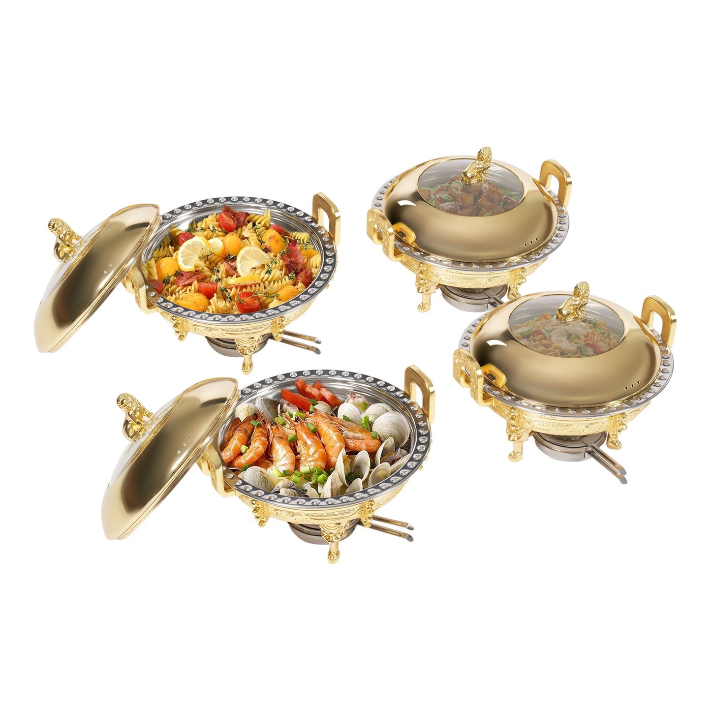 4PCS Chafing Dishes, Classical Round Chafing Buffet Set, Stainless Steel Chafers and Buffet Warmers Sets for Gatherings, Events