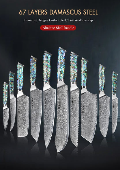 Faca de Cozinha TURWHO Japonesa de Aço Damasco de 67 Camadas com Cabo de Abalone Afiada Faca Santoku para Pão Bife Faca de Chef Ferramentas de Corte para Cozinha