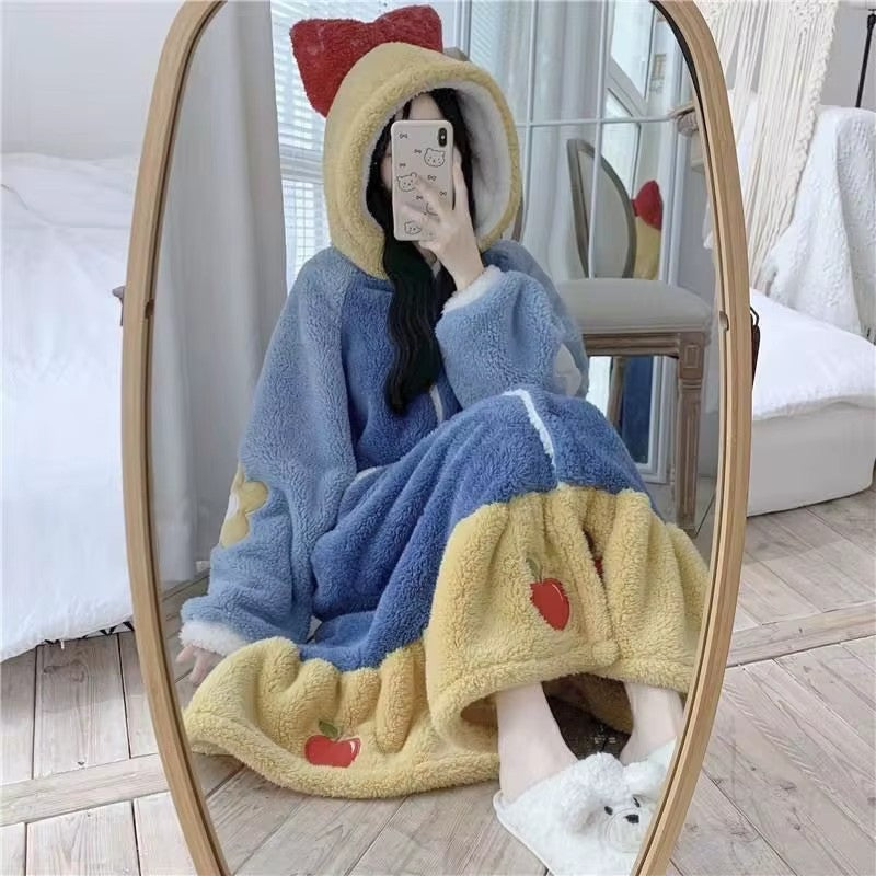 Branca de Neve Princesa Coral Veludo Camisola Feminina Pijama Fofo Desenho Animado Com Capuz Engrossado Outono Inverno Roupão de Banho Roupa de Casa