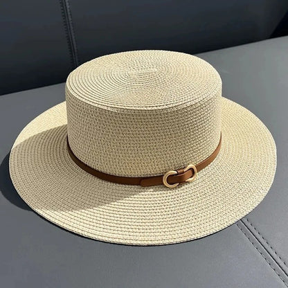Simple Straw Summer Women Beach Hat Female Casual Panama Hat Women Flat Brim Bowknot Straw Cap Girls Sun Hat