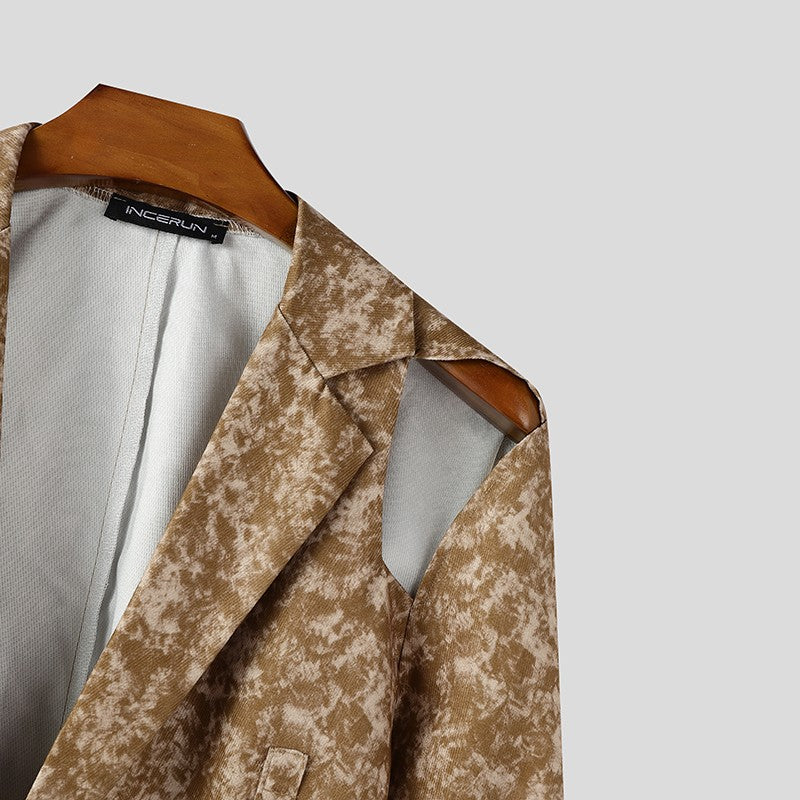 INCERUN Men Blazer Printing Hollow Out Lapel Long Sleeve Male Suit Streetwear Elegant Fashion Casual Thin Coats Men Blazer S-5XL