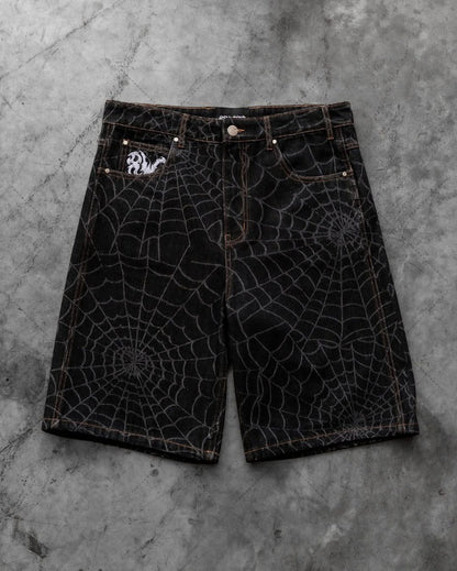 2025 New Street Hip-hop Retro Spider Web Fashion Loose Denim Shorts Men American Harajuku Y2K Casual Punk Straight Pants Women