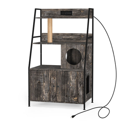 Caixa de Areia para Gatos com Estação de Carregamento e Prateleiras - Móvel Alto Escondido com Ajuste Universal, Armário de Armazenamento (Preto)