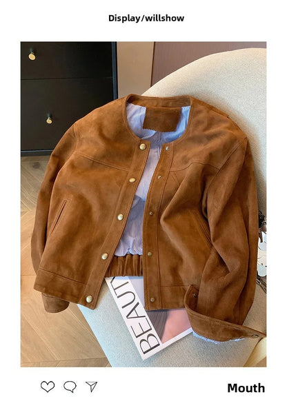 Retro Brown Suede Short Jacket Women's Spring Autumn Casual Loose Design Sense Meral Jacket Top round Neck Full Sleeve