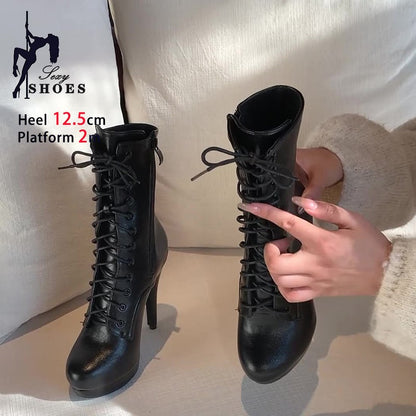 Elegant Boots and Ankle Boots for Women 12.5CM Black Matte Female High Heel Stripper Heels Round Toe Short Boots Footwear