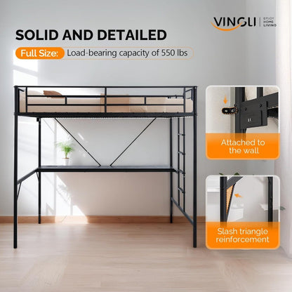 Cama Loft de Metal Tamanho Completo com Escrivaninha Embutida, 2 Estações de Carregamento, Luzes LED e Grades de Proteção para Crianças, Adolescentes e Adultos