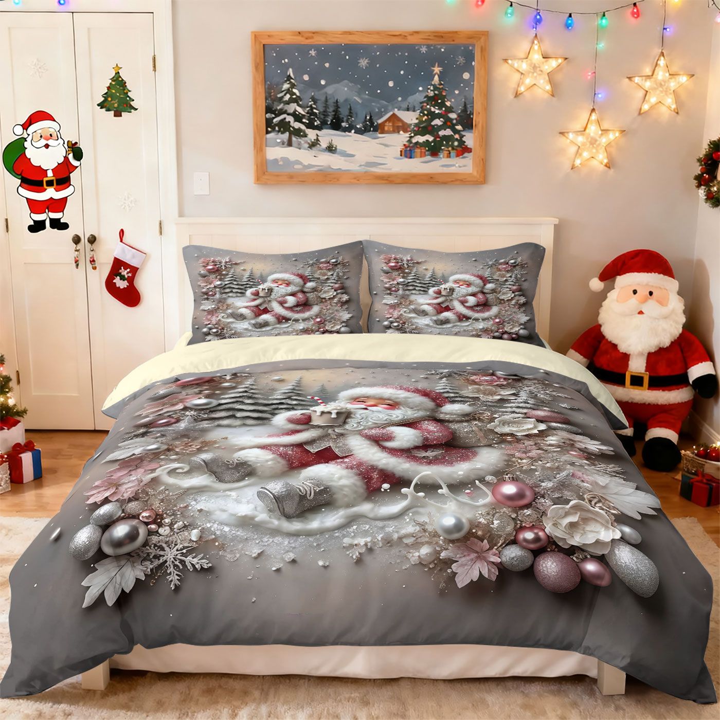 3pcs imitation relief Christmas Santa Claus Merry Christmas, print coreless bedding set multi size bedroom bedding decoration