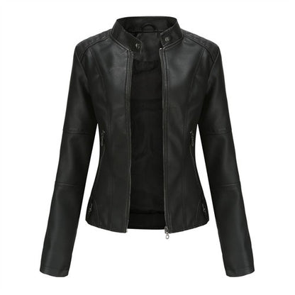 Red Women's PU Jacket, Vertical Collar Zipper Motorcycle Leather Coats,  Fashion Casual Coat Female Outerwear, Black Purple Top.