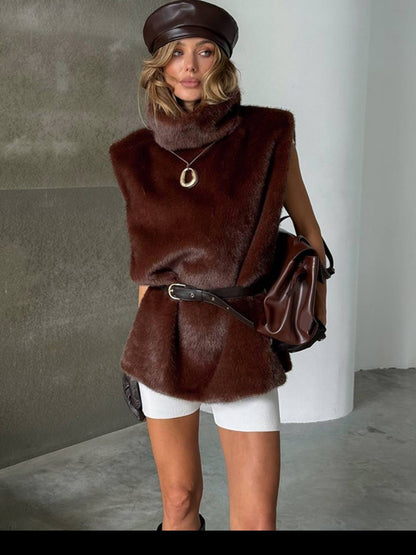 Women Solid Faux Fur Vest Crop Top Fashion Turtleneck Fluffy Short Tank Tops 2025 Winter Lady Elegant Sleeveless Jacket Coat
