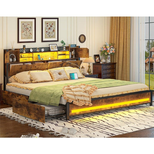 King Size Bed Frame with Storage Drawers and Bookcase Headboard, Wooden Platform King Bed with LED Lights and Charging Station,