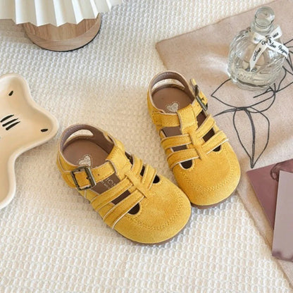 1-12Y Children's Sandals Toe Protect Boys Girls Summer New Candy Color Soft Sole Shoes Kids Casual Retro Flat Leather Sandals