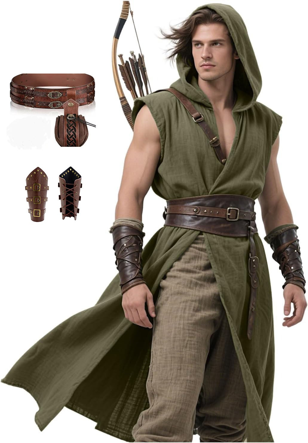 Men's Medieval Hooded Surcoat Renaissance Tabard Sleeveless Tunic Cloak Viking Costume Holloween Assassin Cosplay