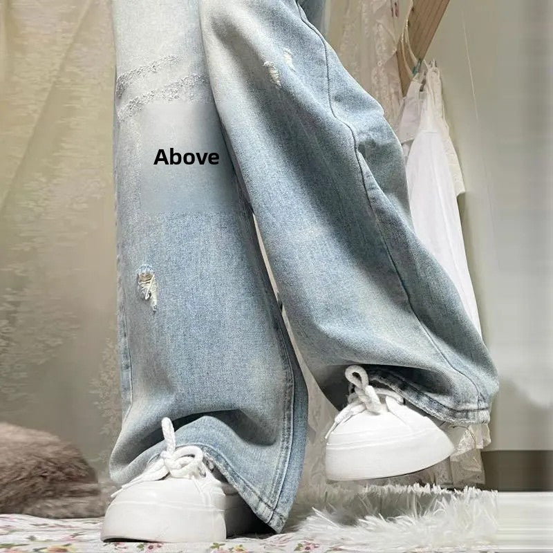 High Waist Wide Leg Straight Cut Jeans Women's Light Wear Distressed Design plus Size Pear Shape Hole Denim Pants