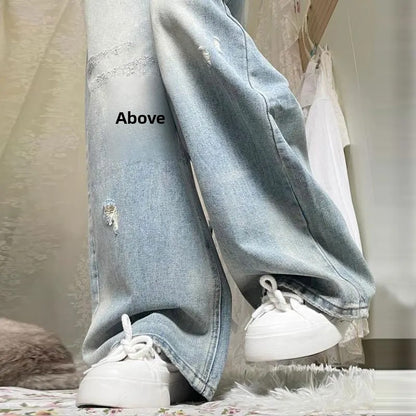 High Waist Wide Leg Straight Cut Jeans Women's Light Wear Distressed Design plus Size Pear Shape Hole Denim Pants