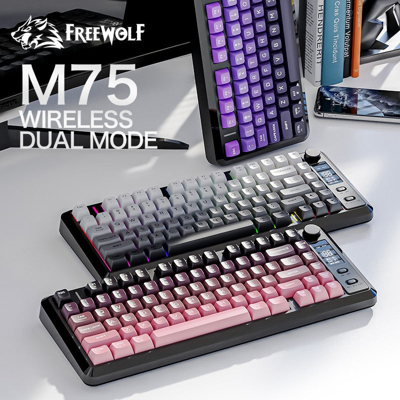 Teclado Gamer Sem Fio Compacto FREE WOLF M75 82 Teclas - Modo Duplo (Bluetooth/2.4G) Retroiluminação RGB Tela OLED Bateria Grande